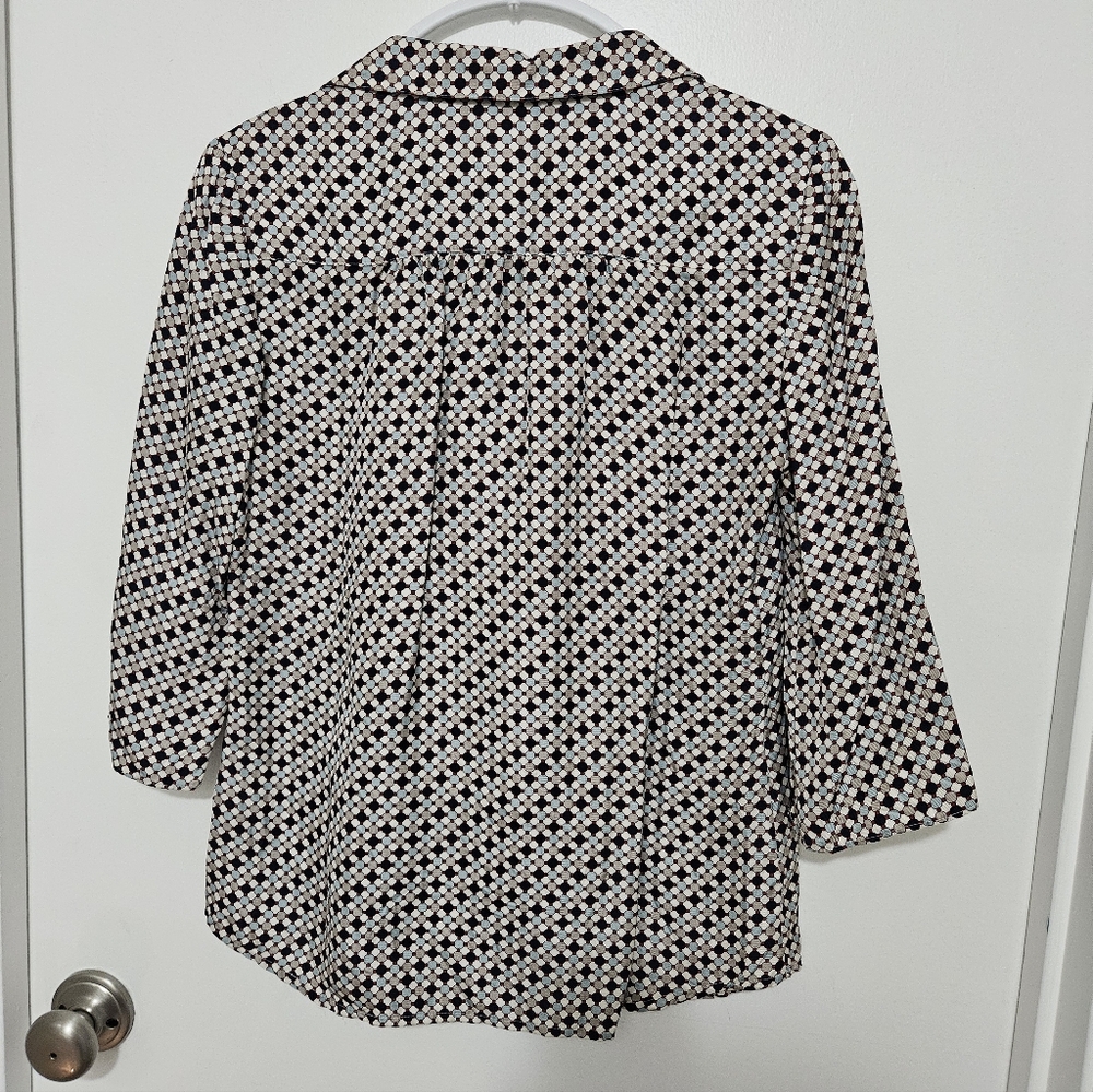 Tory Burch Black and Cream Geometric Silk Collared V-Neck Blouse Size 6 - Picture 3 of 3